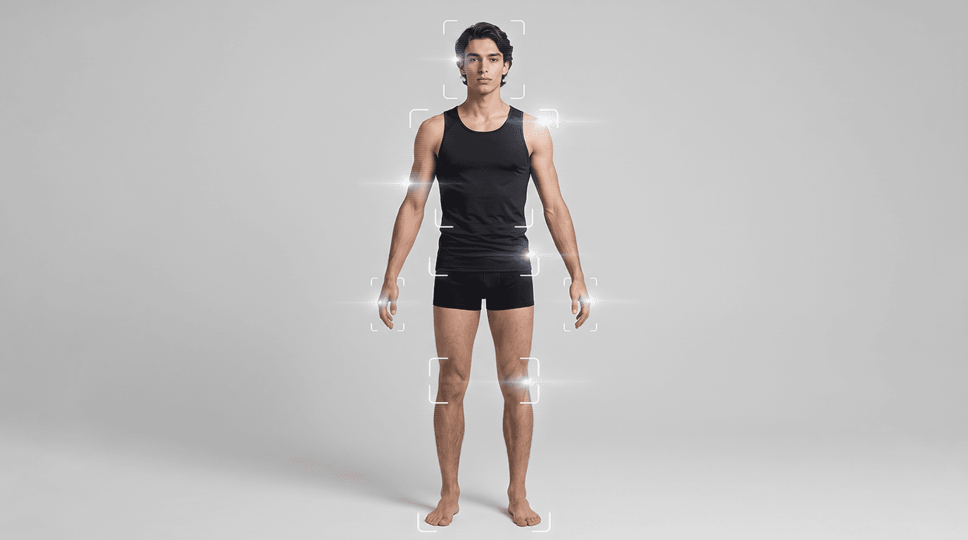 A real model captured as a photoreal digital double, scan markers across the body