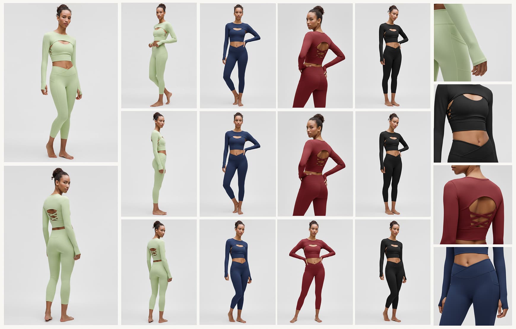One sample garment shown across every colourway — green, navy, red, and black